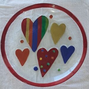 Glass Fusion By Lori Siebert For Silvestri Colorful Glass Heart Plate - Red Rim